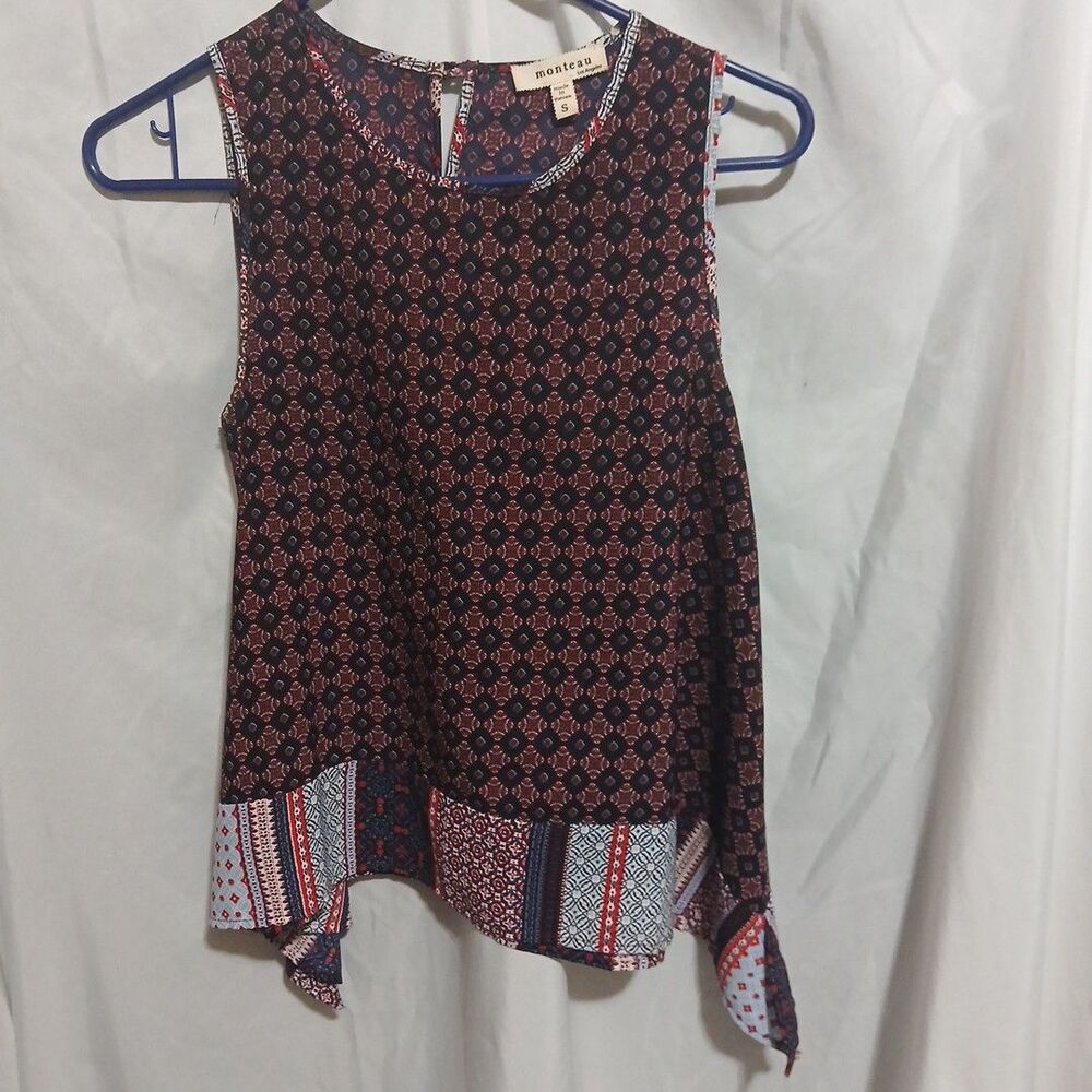 Women’s S Small Monteau Blue Red Geo Print Sleeveless Handkerchief Blouse